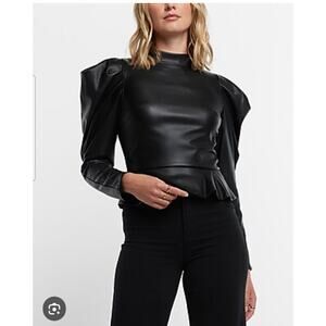 Express Women's Black Mock-Neck Puff Long Sleeve Faux Leather Peplum Top Small